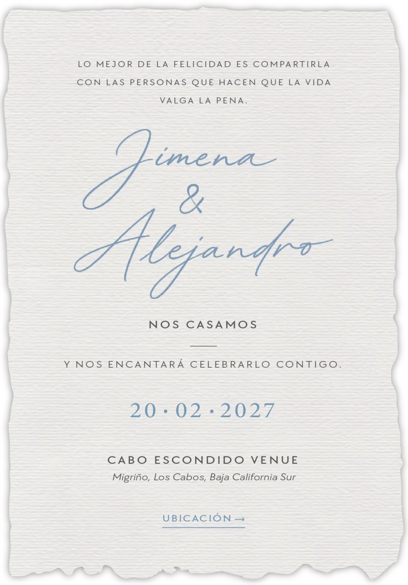 Jimena y Alejandro nos casamos. 20 de febrero de 2027, Cabo Escondido Venue, Migriño, Los Cabos, Baja California Sur.
