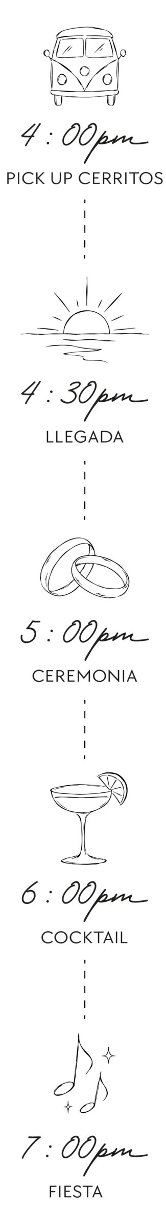 Itinerario: 4:00 pm pick up Cerritos, 4:30 pm llegada, 5:00 pm ceremonia, 6:00 pm cocktail, 7:00 pm fiesta