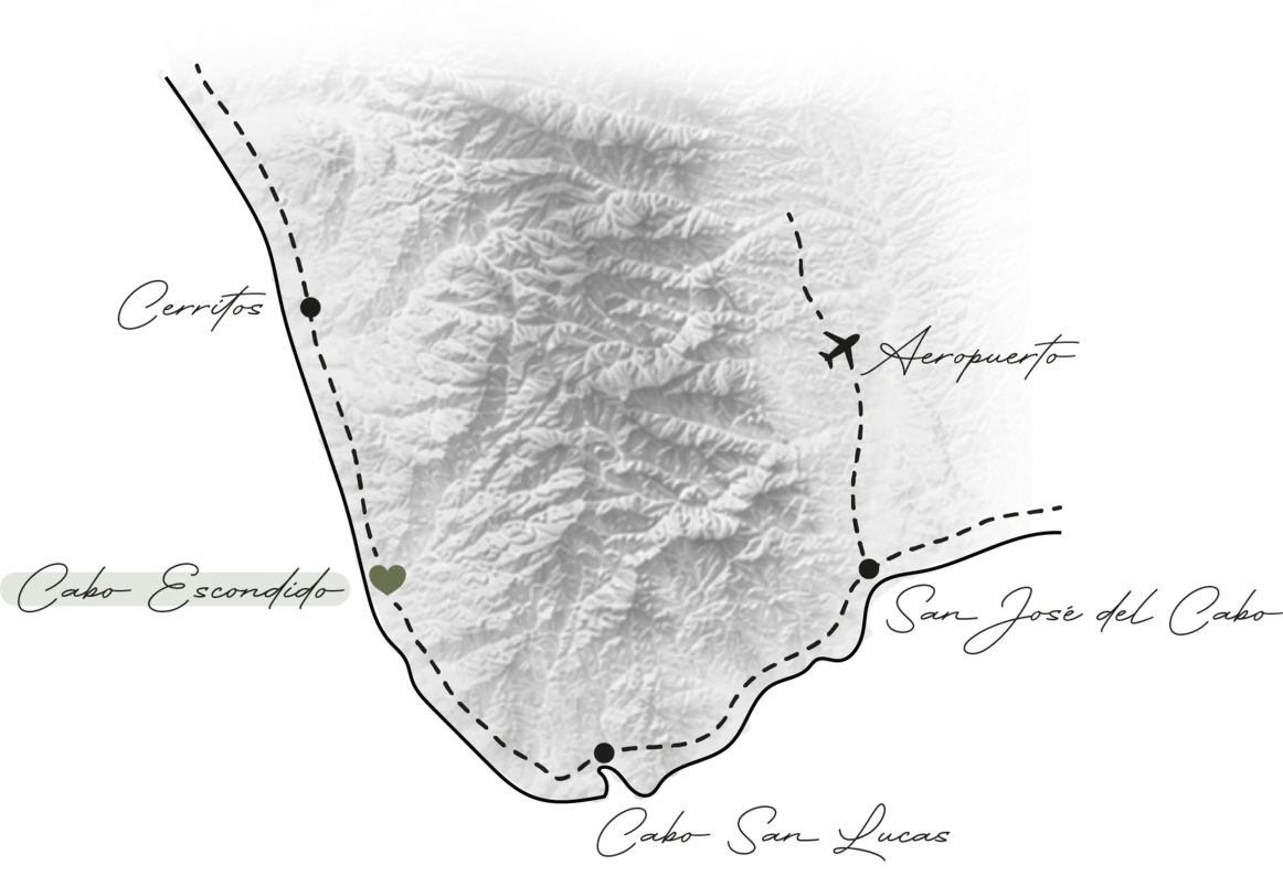 Mapa de Baja California Sur: Cerritos, Cabo Escondido, aeropuerto, San José del Cabo y Cabo San Lucas