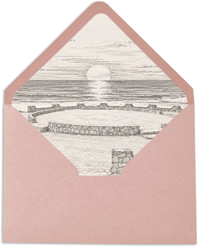 Sobre rosa con la ilustración del atardecer en Cabo